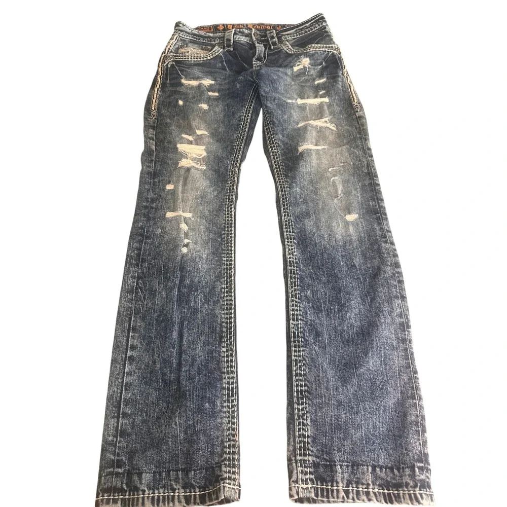 Rock Revival Ledford Straight Leg Distressed Jeans Mens 29 Blue Fleur De Lis
